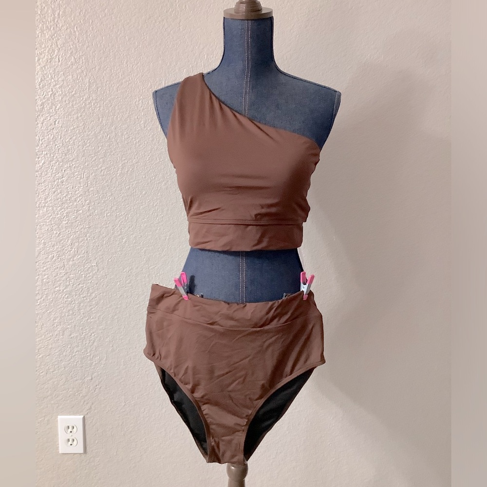Holipick One-Shoulder Brown Bikini Top & High-Waist Bikini Bottoms Set Large NWT